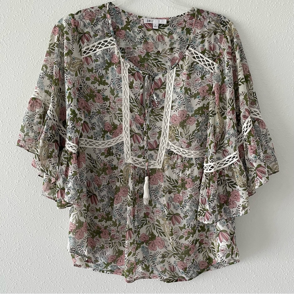 DR2 Floral Lace Flowy Small Blouse Cottage Core Prairie
